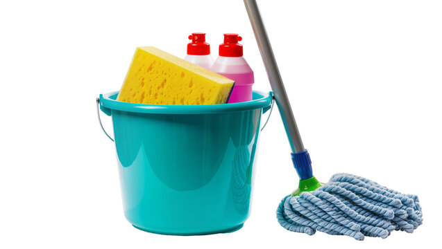 Vibrant turquoise cleaning bucket filled with yellow sponge and red liquid accompanied by a blue mop, isolated on transparent background for cleaning services