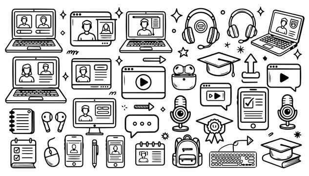 Hand drawn doodle online classes and e-learning icons set, fun sketchy ink pen education and digital learning elements, expressive vector collection, isolated on white background