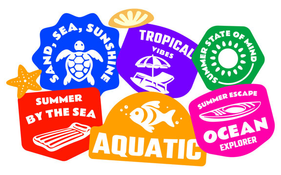 Bold Summer Beach Sticker pack with Beach Umbrella, Sea Turtle, Kayak, pool float, fish, sun, Colorful Flat Vector Badge Illustrations for T-Shirt Prints, Posters, Logos, Banners
