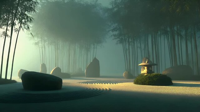 Zen Buddhism, meditation, inner peace, Chinese Japanese Asian tradition. Therapy stress release treatment, health lifestyle. A serene depiction of a tranquil Japanese garden.
