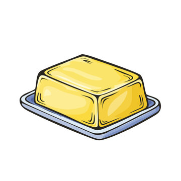 Yellow butter in a dish, hand-drawn illustration, food ingredient, kitchen essential