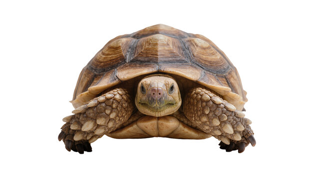 Detailed headshot of a brown and beige African spurred tortoise facing forward with textured shell and scaled legs, isolated on transparent background for animal designs