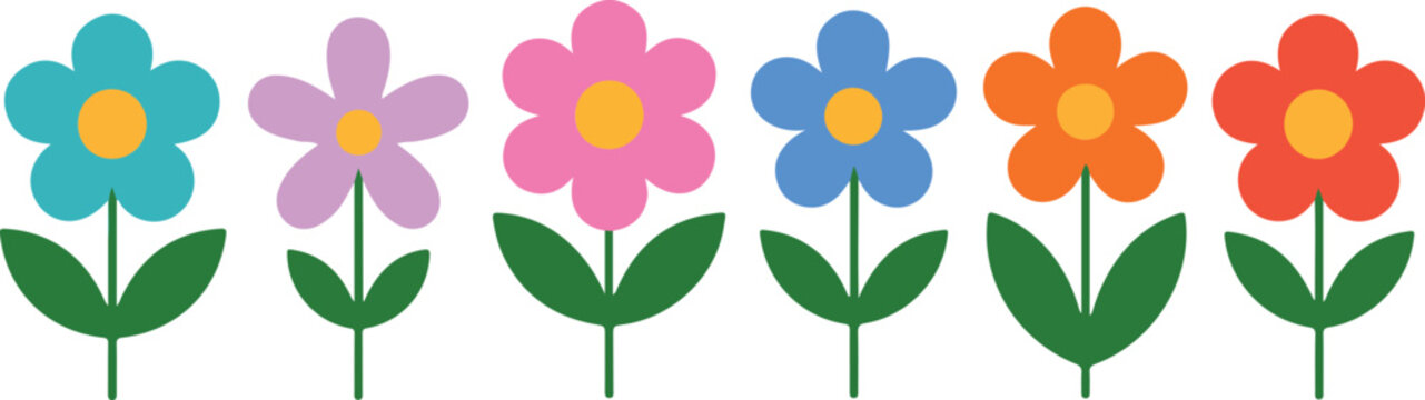 Cute colorful flower vector set with simple flat floral illustrations including leaves and stems for decoration and design projects