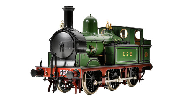 Detailed vintage green steam locomotive with brass fittings intricate detailing and the LSR logo, isolated on transparent background for design projects
