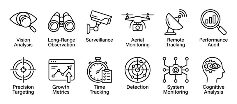 Collection of thin line vector icons for surveillance, analysis, and monitoring concepts, including symbols for remote tracking, performance audit, and cognitive analysis