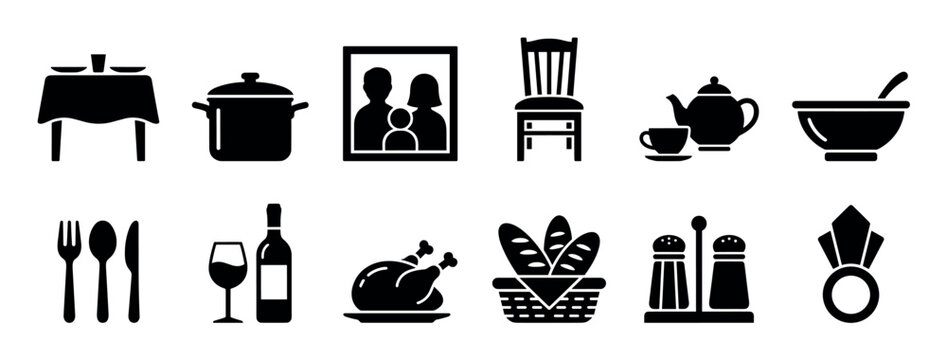 Family dinner icon set with black solid glyphs showing a dining table, roasted chicken, cutlery, wine, bread, and a family portrait in a clean minimalist vector style