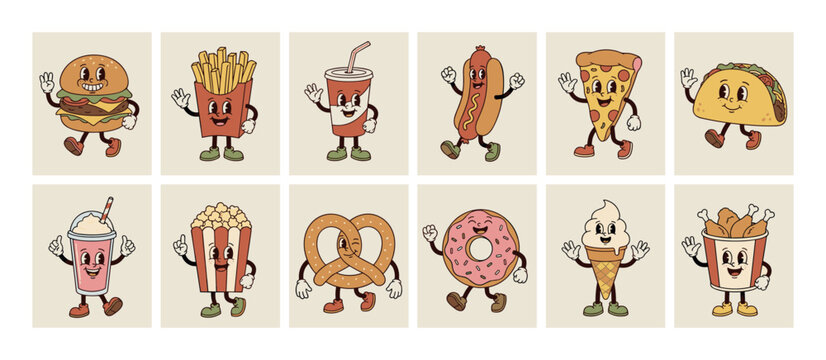 Set of retro fast food characters in a vintage 1930s cartoon style, featuring a smiling burger, pizza, fries, and other happy meal mascots with walking legs and gloved hands