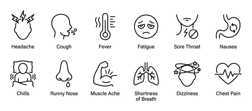 Set of twelve medical symptom icons illustrating common signs of illness like headache, cough, fever, and fatigue in a clean, minimalist line art style