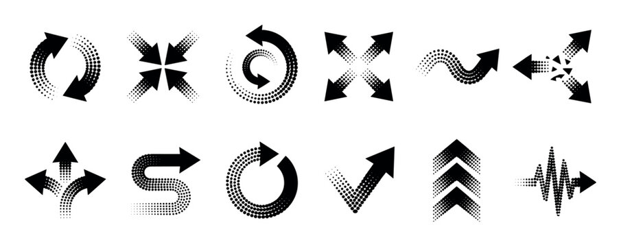 Diverse set of black arrow icons with a modern halftone dot pattern, featuring circular, spiral, wavy, and expanding shapes for indicating direction and movement