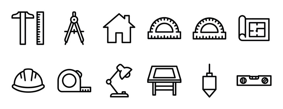 Set of black outline icons representing architecture, engineering, and construction tools for drafting and building projects, featuring a clean and minimalist linear style for professional design