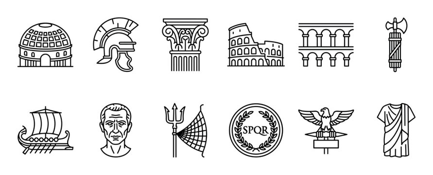 Set of ancient Roman icons featuring the Colosseum, Pantheon, a gladiator helmet, and SPQR standard in a minimalist black line art style for historical design projects
