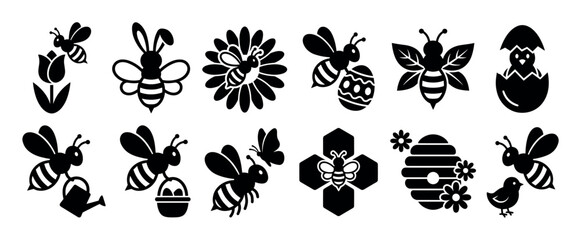 Obraz premium Set of black spring and Easter icons featuring cute bees with flowers, eggs, a chick, and a beehive in a simple flat silhouette style for festive holiday graphic design