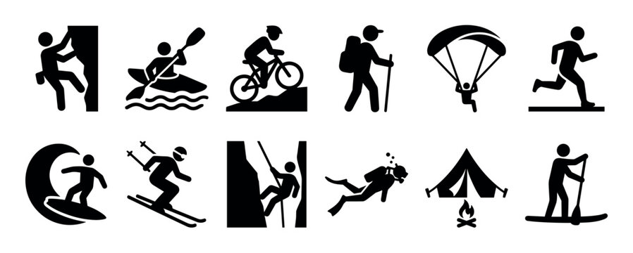 Black pictogram collection of extreme sports and outdoor adventure activities showing climbing, biking, hiking, diving, surfing, and camping symbols in a minimalist graphic style