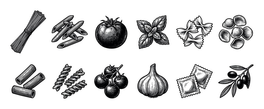 Collection of Italian food ingredients including various pasta types, tomatoes, garlic, basil, and olives, all hand-drawn in a vintage black and white engraving illustration style