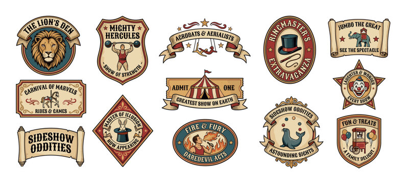 Collection of vintage circus and carnival emblems featuring retro illustrations of a lion, strongman, clown, and magician for a classic entertainment and fair theme