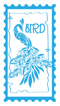 Peacock Bird Mahjong Tile Design in Postage Stamp Style with Blue Monochrome Art