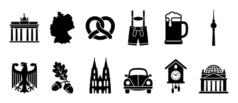 Black silhouette icon set of german symbols featuring a map, heraldic eagle, pretzel, beer mug, lederhosen, cuckoo clock, classic car, and famous architectural monuments