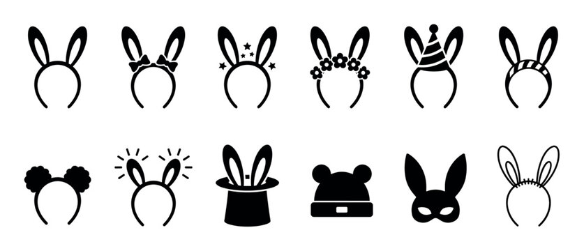 Collection of black silhouette bunny ear headbands and hats for costumes, parties, and holidays, featuring various designs like bows, flowers, stars, and a magician's top hat