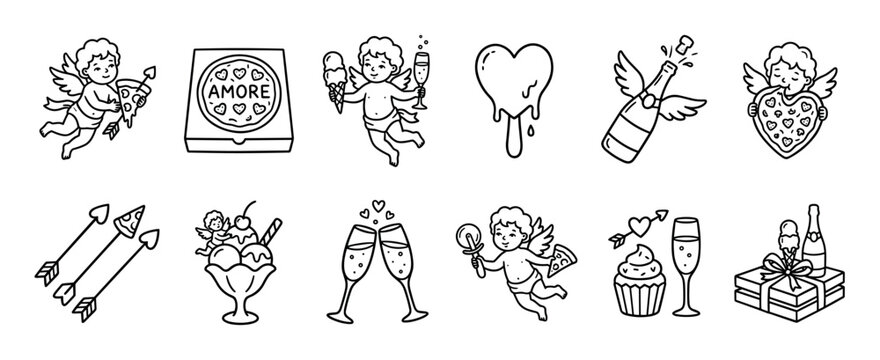 Set of hand-drawn doodle icons for Valentine's Day featuring cute cupids, heart-shaped pizza, champagne, ice cream, and romantic symbols in a playful black and white line art style