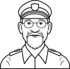 Obraz premium Hand Drawn Elderly Police Officer Man Black and White Illustration in Minimal Line Art Style Design