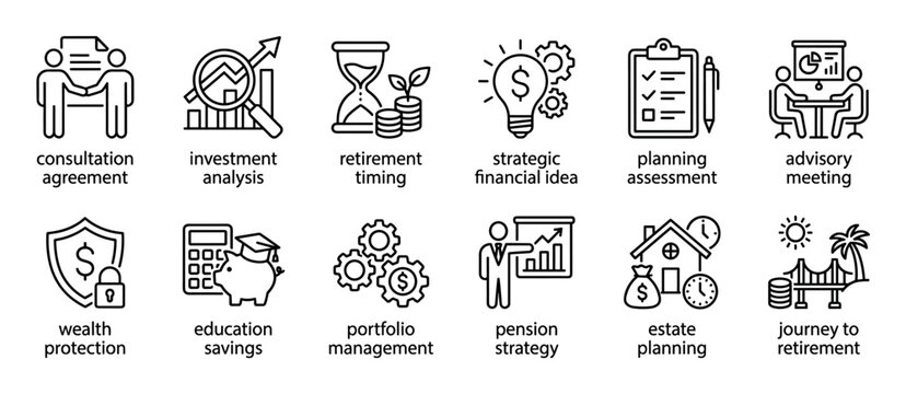 Set of financial planning line icons representing investment analysis, retirement timing, wealth protection, and pension strategy in a clean, minimalist vector illustration style