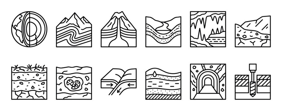 Geology and earth science line icon set showing various geological processes like tectonic plates, volcano eruption, soil layers, earth core, fossil, and groundwater concepts
