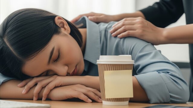 Exhausted Asian businesswoman sleeping at office desk with coffee cup while colleague provides comfort and support during stressful workday