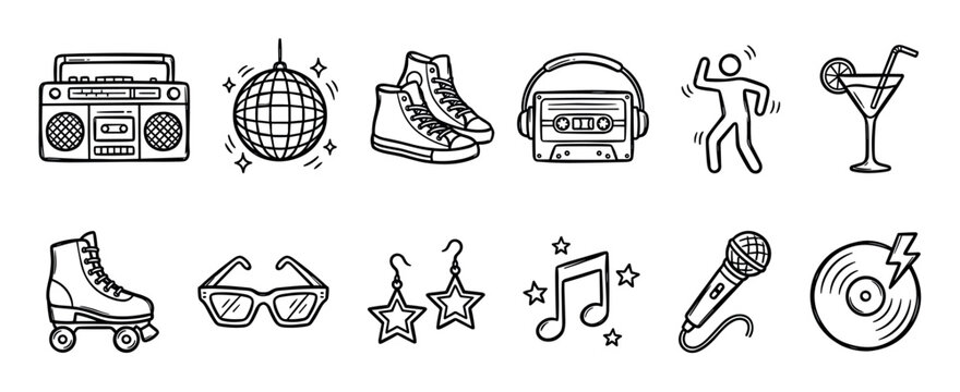 Set of hand-drawn black line icons representing a retro disco party with a boombox, roller skate, disco ball, cassette player, microphone, and vinyl record in a simple doodle style