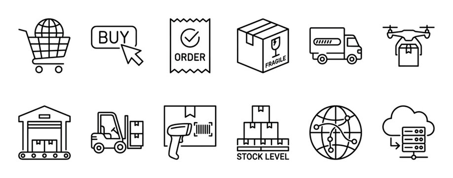 Supply chain management and logistics line icon set with pictograms for online shopping, order processing, warehouse inventory, and global delivery services