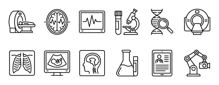 Set of medical diagnostic and healthcare icons including MRI, CT scan, ultrasound, DNA research, and laboratory equipment in a clean black outline vector illustration style