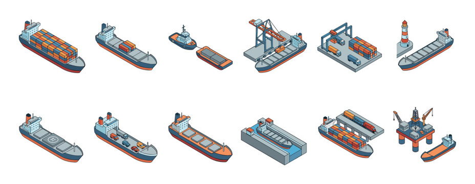 Isometric cargo ship and port logistics illustrations set showing various vessels like container ships, tankers, and tugboats with port infrastructure like cranes and docks for global trade