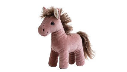 Plush pink corduroy horse toy with brown mane and tail, playfully posed isolated on transparent background for children s designs © Johanna