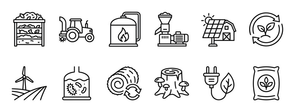 Set of black outline icons for biomass energy, showing biofuel production, sustainable farming, renewable resources, green power, and agricultural elements in a clean, minimalist vector style