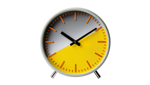 Modern gray and yellow clock face divided in half displaying 12 00, isolated on transparent background for time management concepts