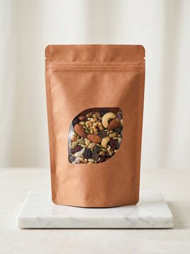 Brown paper bag of mixed nuts and dried fruits, pouch packaging
