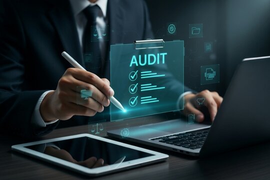 Businessman auditing, financial analysis, checklist on clipboard, digital devices