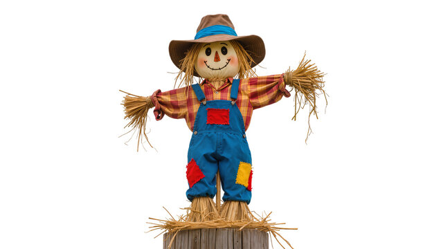 Rustic scarecrow wearing a straw hat plaid shirt and denim overalls standing on a wooden crate, isolated on transparent background for seasonal designs