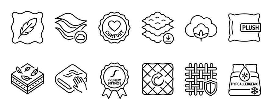 Set of black line icons representing fabric properties like comfort, softness, hypoallergenic, and breathability, designed in a clean, minimalist style for product packaging and labels