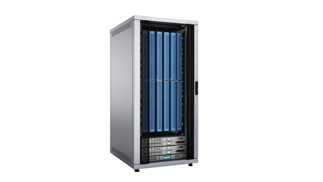 Modern silver server rack with numerous blue LED lights displaying complex networking hardware, isolated on transparent background for tech presentations