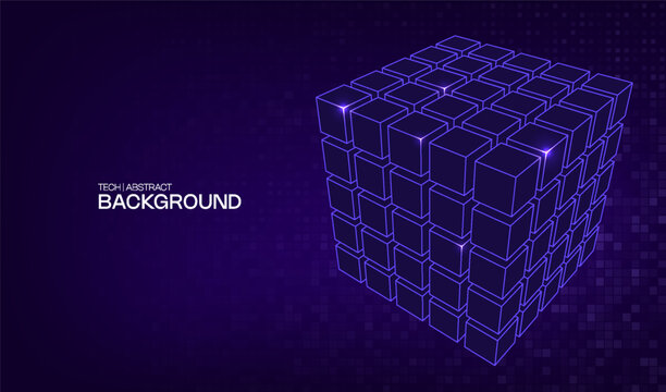 Abstract ai 3D cube digital design background technology and blue geometric element. Design network big data with box science and pattern block cyber. Tech concept abstract with futuristic lines.