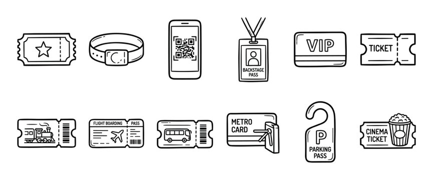 Set of hand-drawn doodle style icons showing various types of admission passes and transportation tickets like a flight boarding pass, metro card, VIP access, and cinema stub