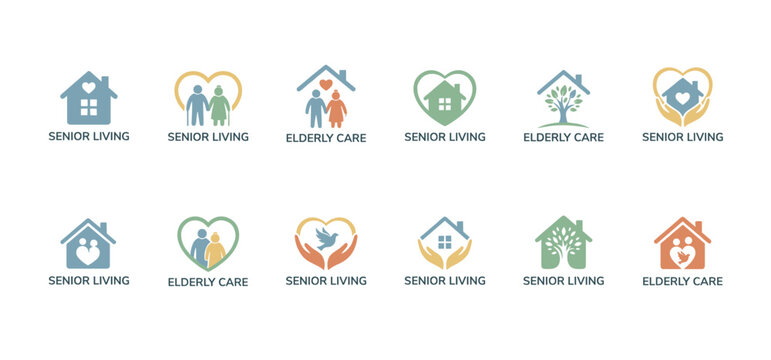 Collection of senior living and elderly care logo icons for nursing homes and retirement communities, featuring symbols like houses, hearts, people, and hands in a flat design set