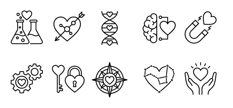 Set of black line icons representing love, relationships, and emotions, including symbols like a heart, brain, magnet, DNA, compass, and lock, illustrating concepts of connection and affection