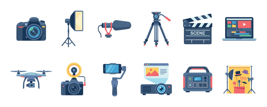 Collection of video production equipment icons including a camera, drone, microphone, tripod, and clapperboard in a flat vector illustration style for filmmaking and vlogging concepts