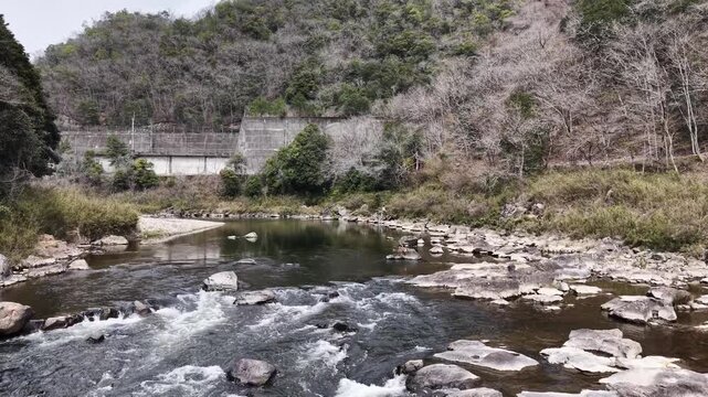 Drone flying forward at low altitude over river in forest, smooth nature 4K