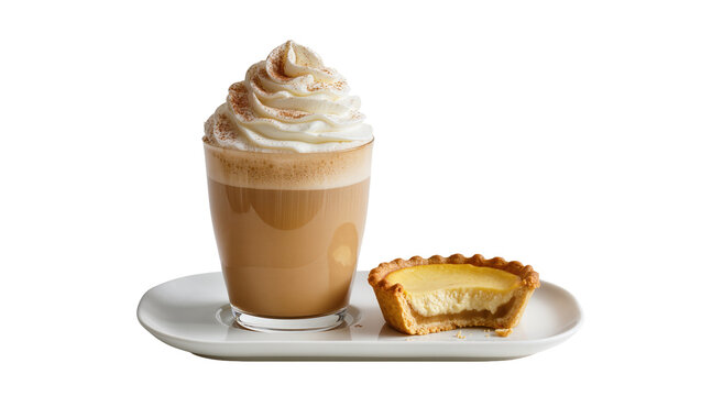 Creamy latte with whipped cream and cinnamon alongside a golden pumpkin pie slice with flaky crust, isolated on transparent background for menus