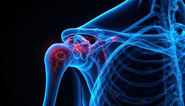Shoulder Joint Inflammation Illustration Showing Pain and Anatomy, Blue and Red Glowing Detail