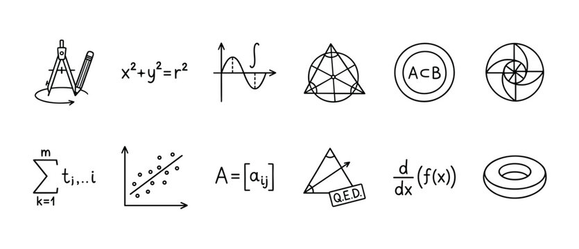 Set of hand-drawn mathematical icons representing various concepts in algebra, geometry, calculus, and statistics in a minimalist black and white doodle style collection