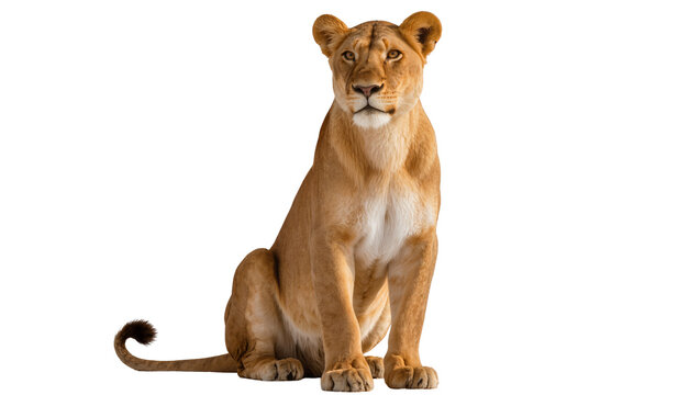 Majestic tawny lioness sitting attentively with focused gaze displaying powerful musculature, isolated on transparent background for wildlife designs