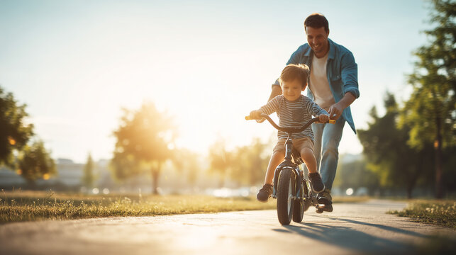 Father teaching his son to ride a bicycle at sunset in park. Family bonding, childhood learning and happy lifestyle concept.